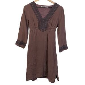 Athleta Vintage Brown Linen Boho Dress 3/4 Sleeves Midi Length Sz S